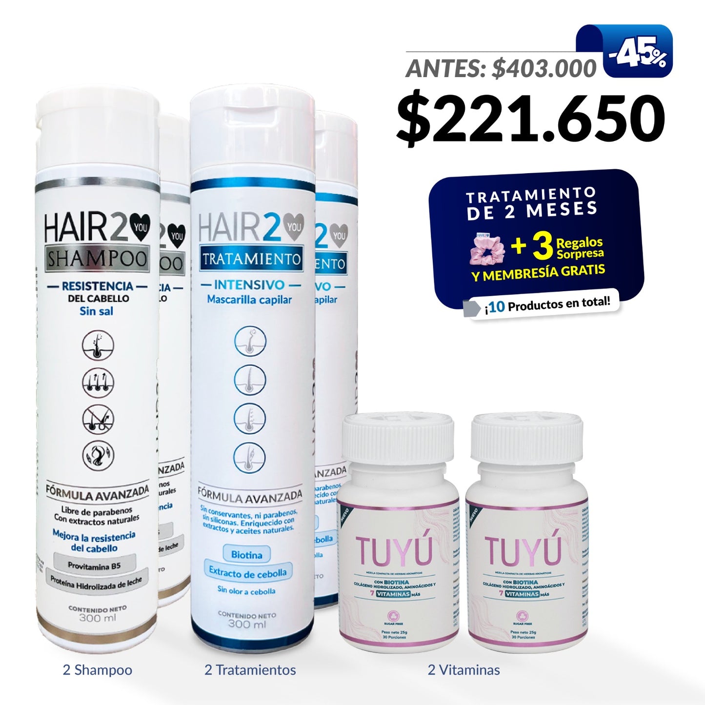 45% OFF en 2 meses de tratamiento Vitaminas + Shampoo + Tratamiento