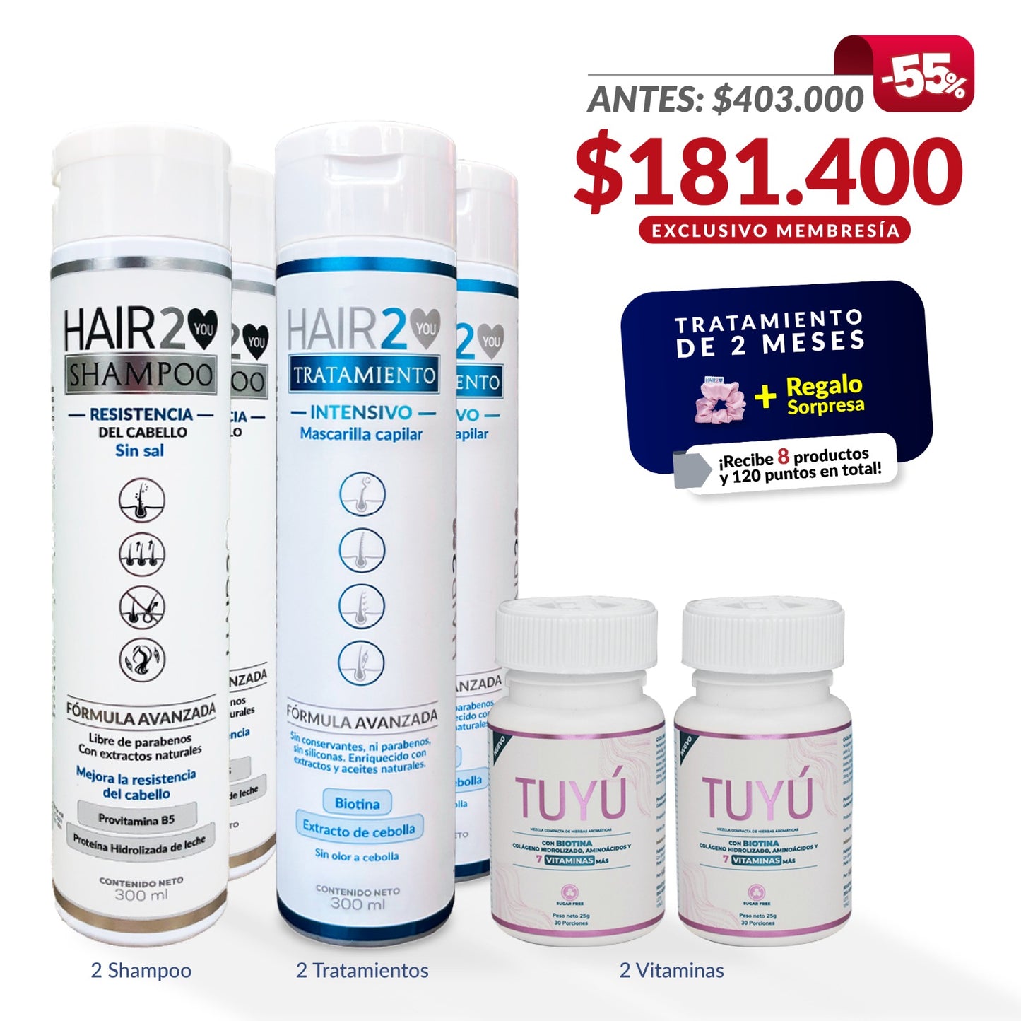 45% OFF en 2 meses de tratamiento Vitaminas + Shampoo + Tratamiento