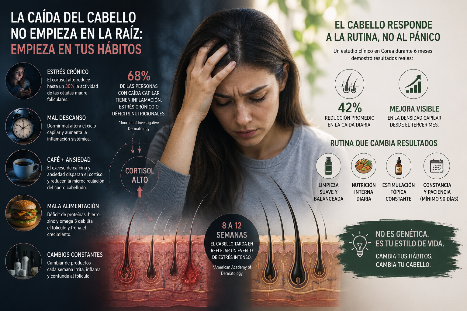 La caída del cabello no empieza en la raíz: empieza en tus hábitos (y la ciencia ya lo confirmó)