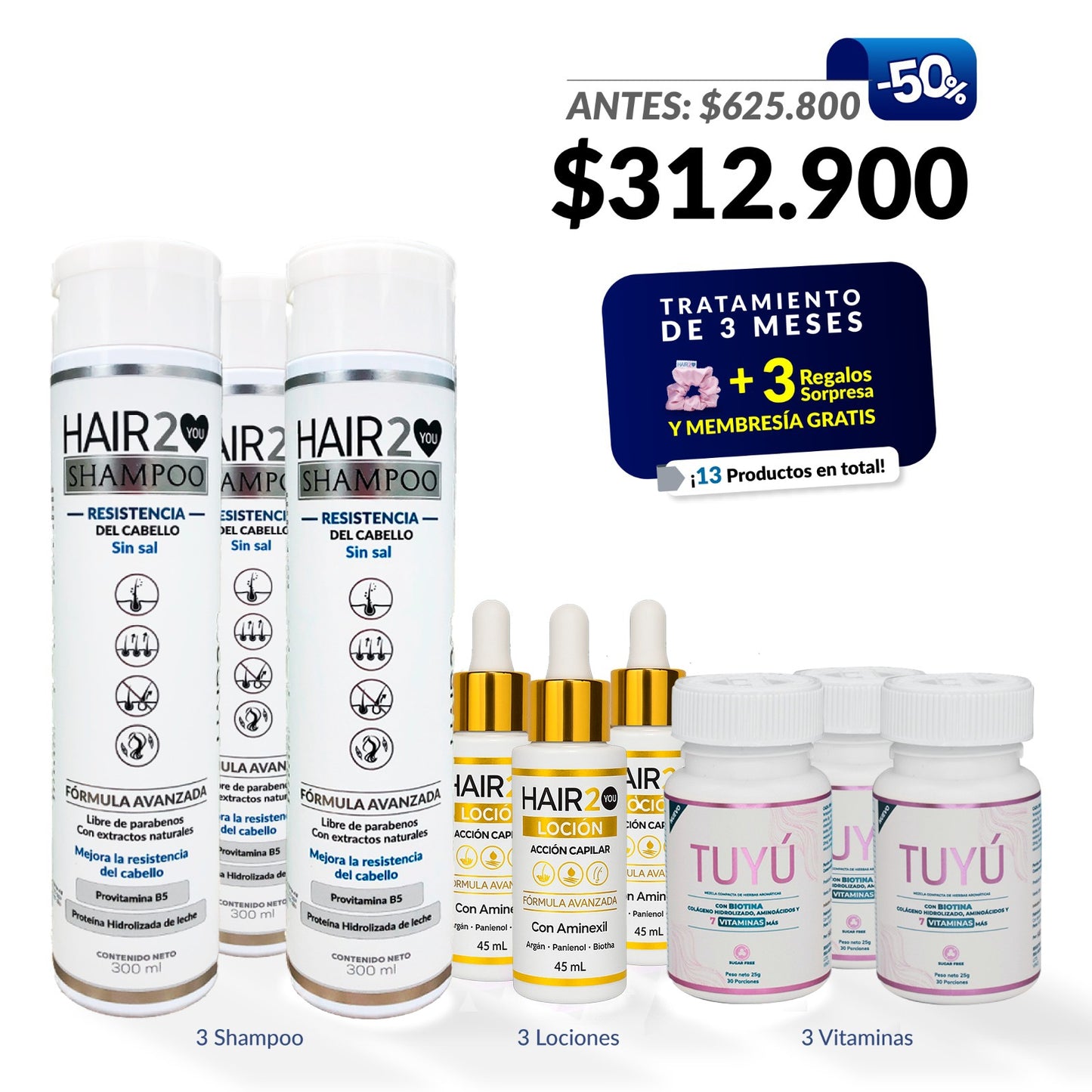 - 3 meses de tratamiento (Vitaminas loción y Shampoo Anticaída)