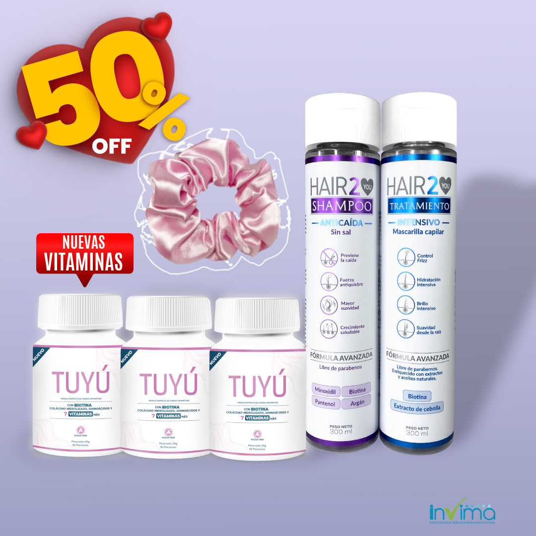 50% - 3 Frascos NUEVAS Vitaminas Tuyú + Shampoo Anti caída + Tratamiento nutritivo