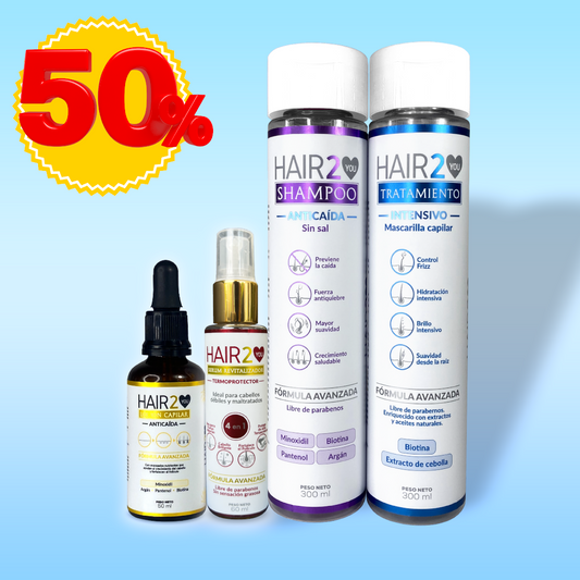 50% Shampoo Anti-Caida + Loción capilar con minoxidil + Tratamiento nutritivo + Serum Termoprotector