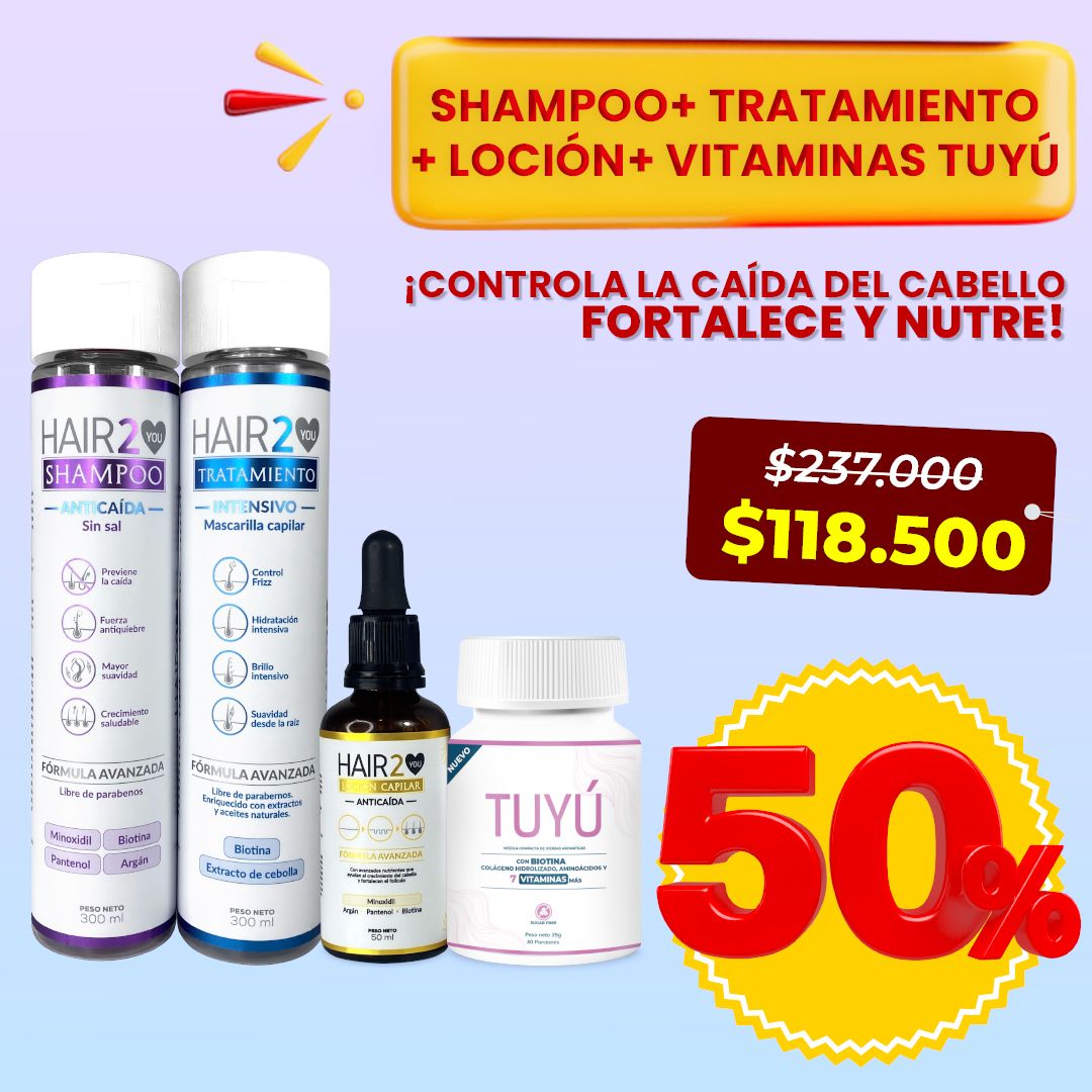 Vitaminas Tuyú + Shampoo Anti-Caída + Loción capilar con minoxidil + Tratamiento nutritivo