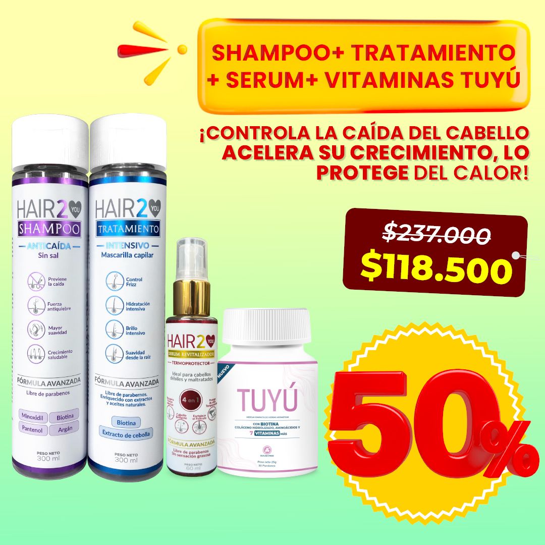 50% NUEVAS Vitaminas Tuyú + Shampoo Anti-Caida + Serum Termoprotector + Tratamiento nutritivo