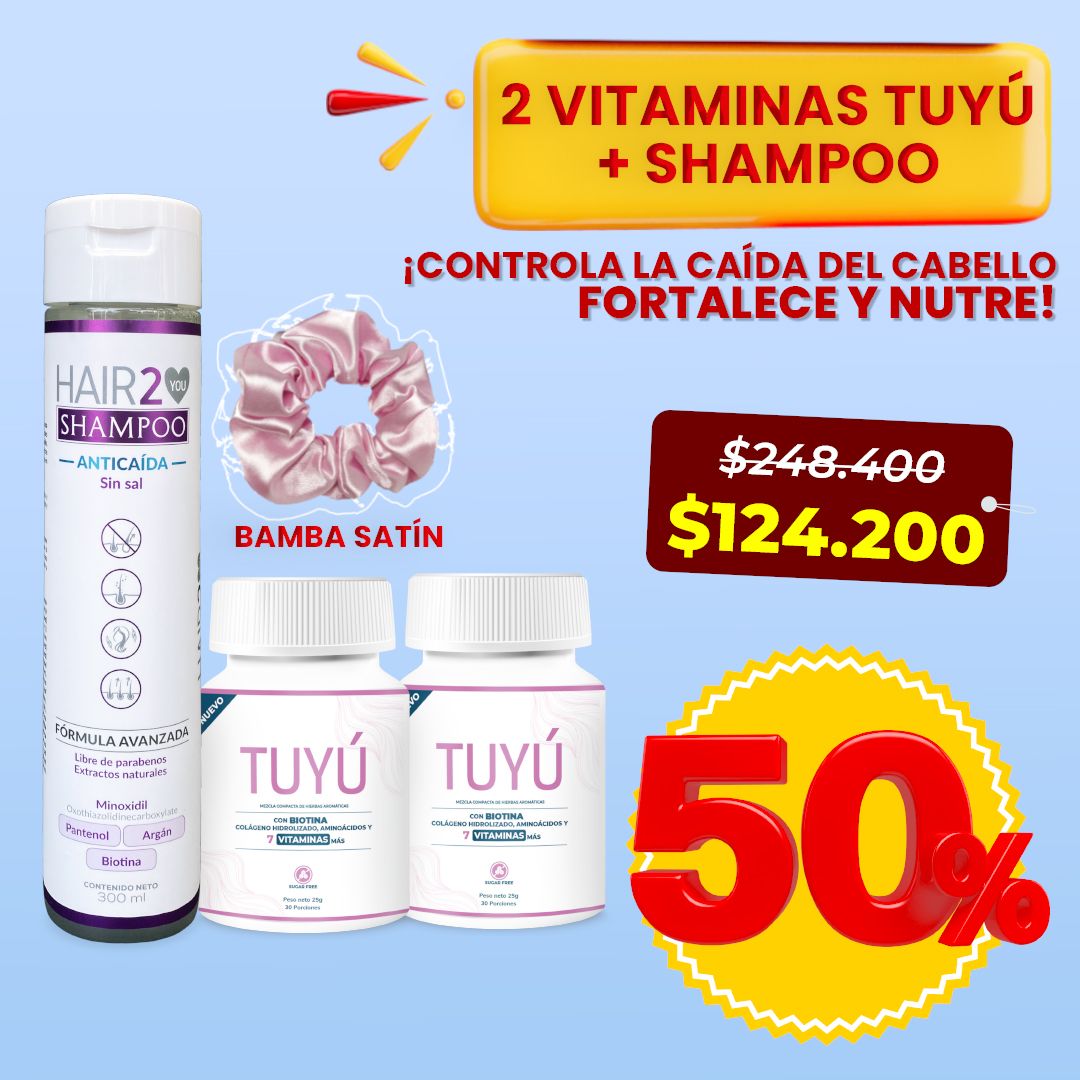 - 2 Vitaminas Tuyú + Shampoo Anti caída Sin sal