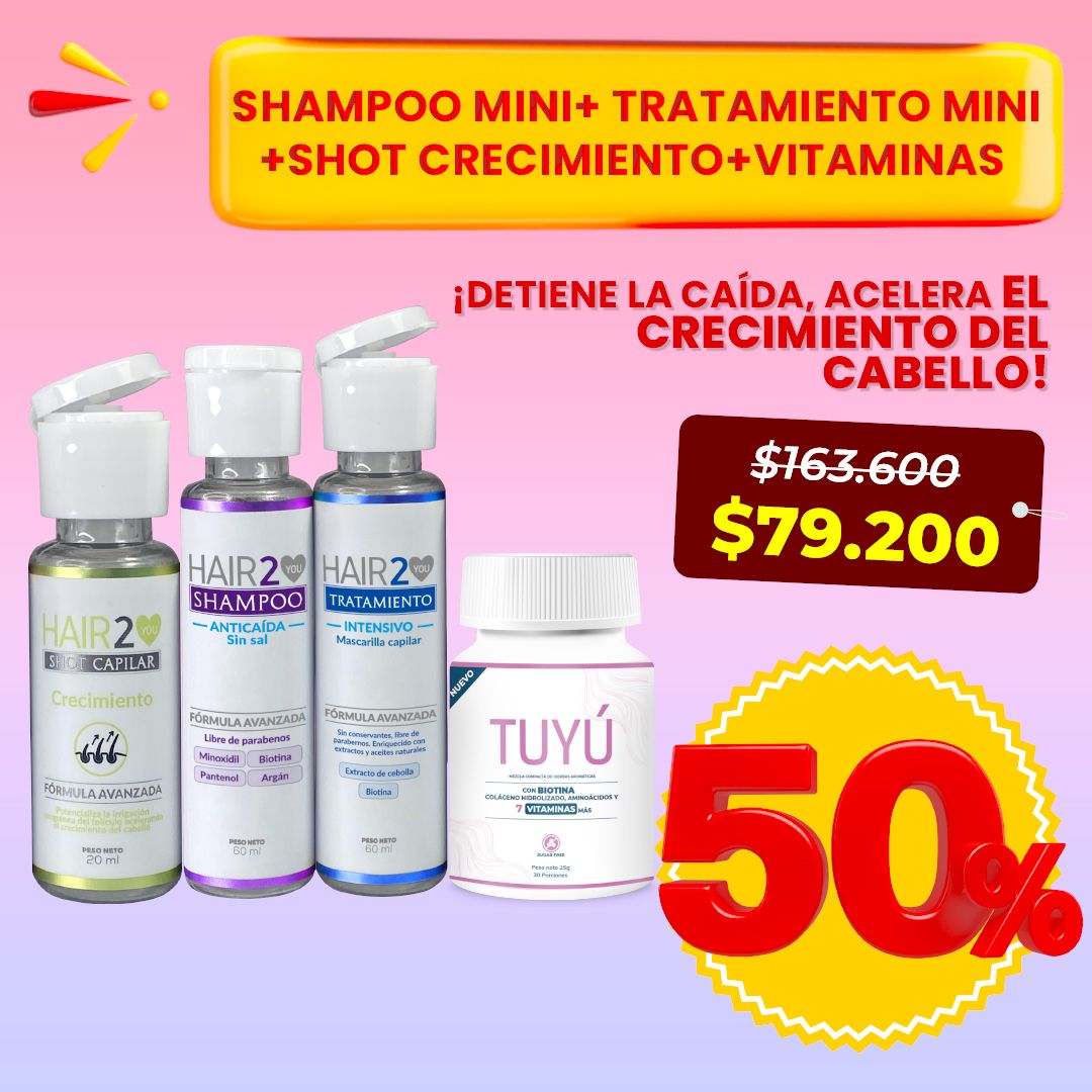 - Vitaminas Tuyú + Kit Shampoo y Tratamiento Portable + Shot crecimiento + Bamba
