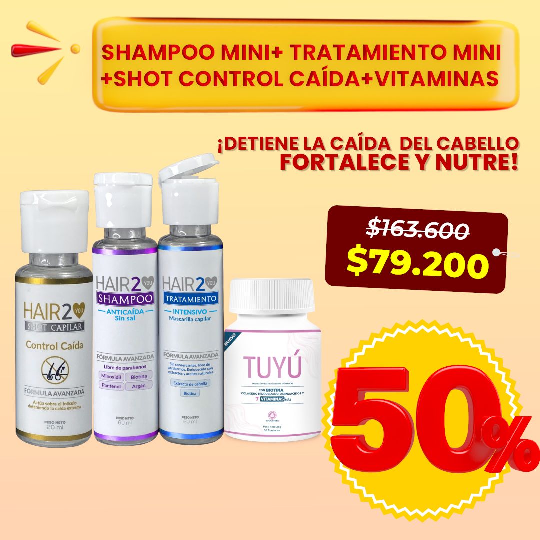 50% NUEVAS Vitaminas + Kit Shampoo y Tratamiento Portable + Shot control caída + Bamba