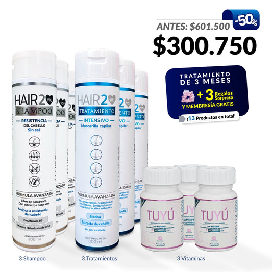 50% OFF en 3 Meses de tratamiento Vitaminas + Shampoo + Tratratamiento