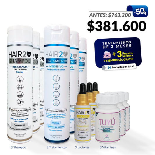 50% OFF en 3 meses de tratamiento Vitaminas + Shampoo + Tratamiento + Loción